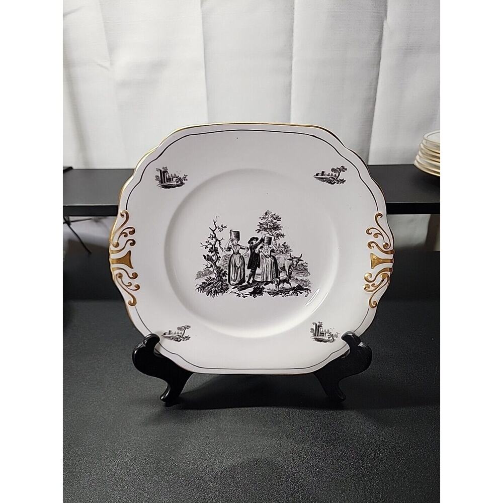 Royal Chelsea England Black Transfer & Gold Farm Scenes Cake Plate 9.5" 1940s